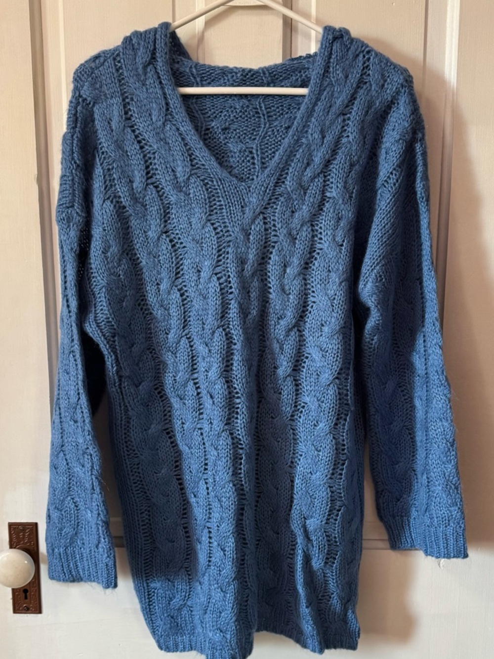 Simply Southern Cable Knit V-Neck Sweater in Dusty Blue